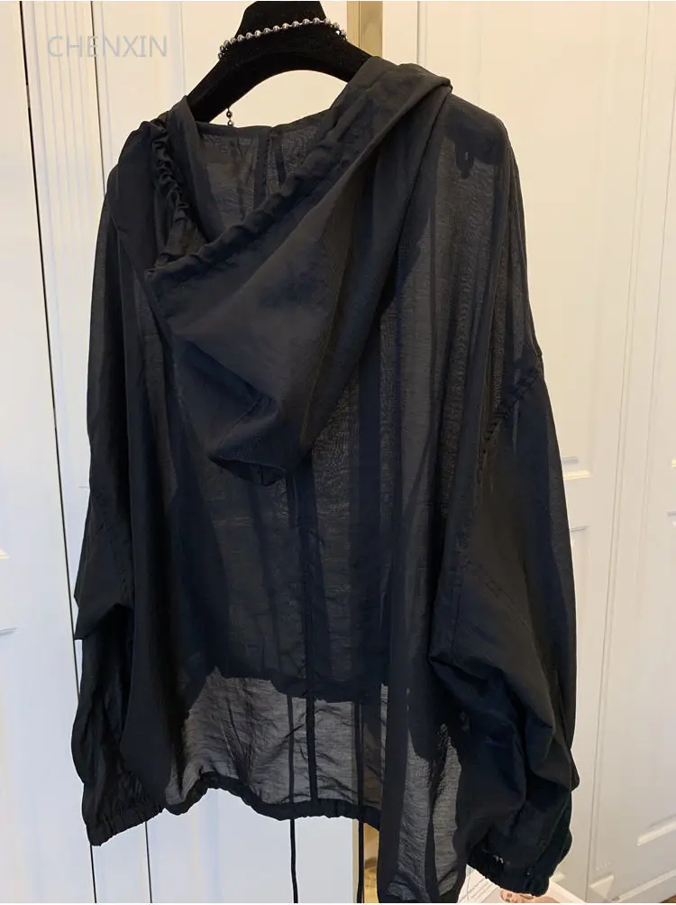 Vestes d'été à capuche pour femmes, manteaux à fermeture éclair résistants au soleil, fins, amples, transparents, vêtements d'extérieur respirants, vêtements légers noirs