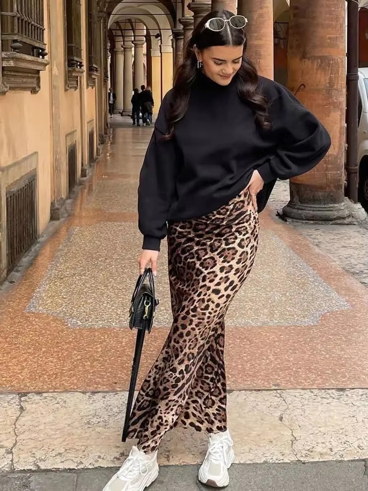 HH femmes mode imprimé léopard jupe Vintage taille haute jupes mi-longues femmes élégantes été décontracté Streetwear jupe