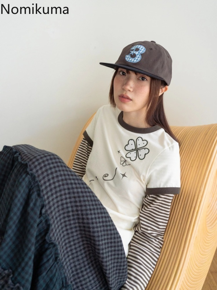 Mode femme t-shirts faux deux hauts à manches longues tunique col rond t-shirts broderie décontracté Camisetas Patchwork rayé Simple T-shirt
