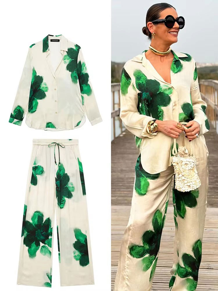HH femmes mode imprimé fleuri Blouse pantalon ensembles à manches longues revers chemise cordon jambe large pantalon femme Streetwear costume