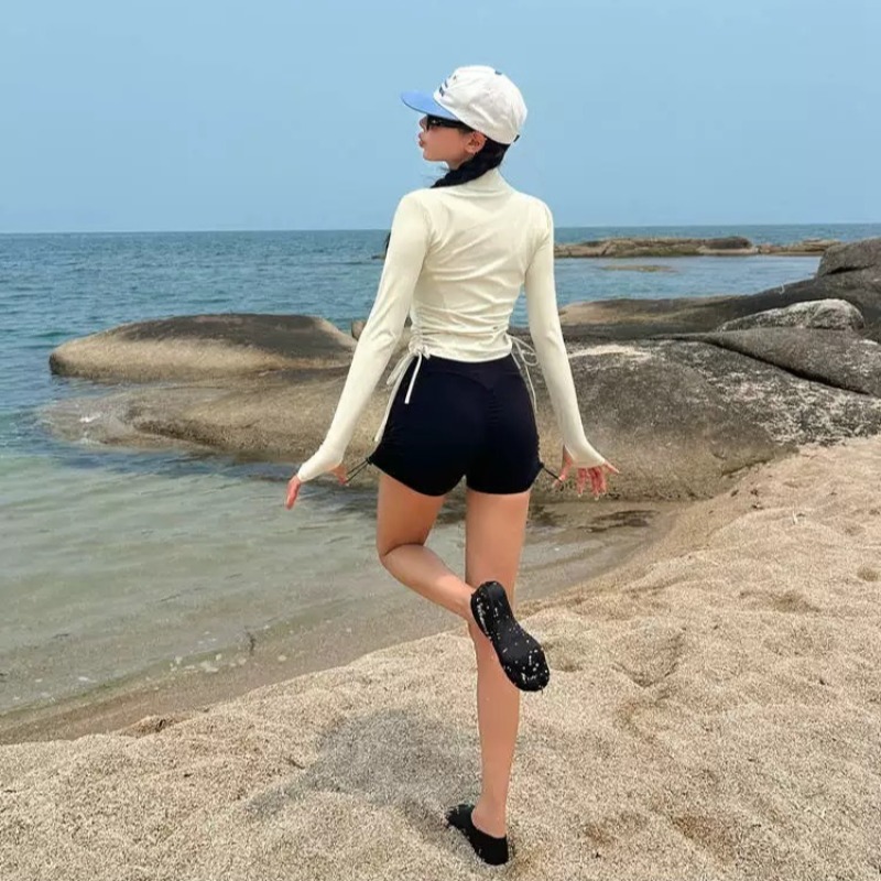 Maillot de bain sportif à manches longues, protection solaire, ensemble deux pièces tendance pour femme, effet amincissant, cordon de serrage, coupe droite