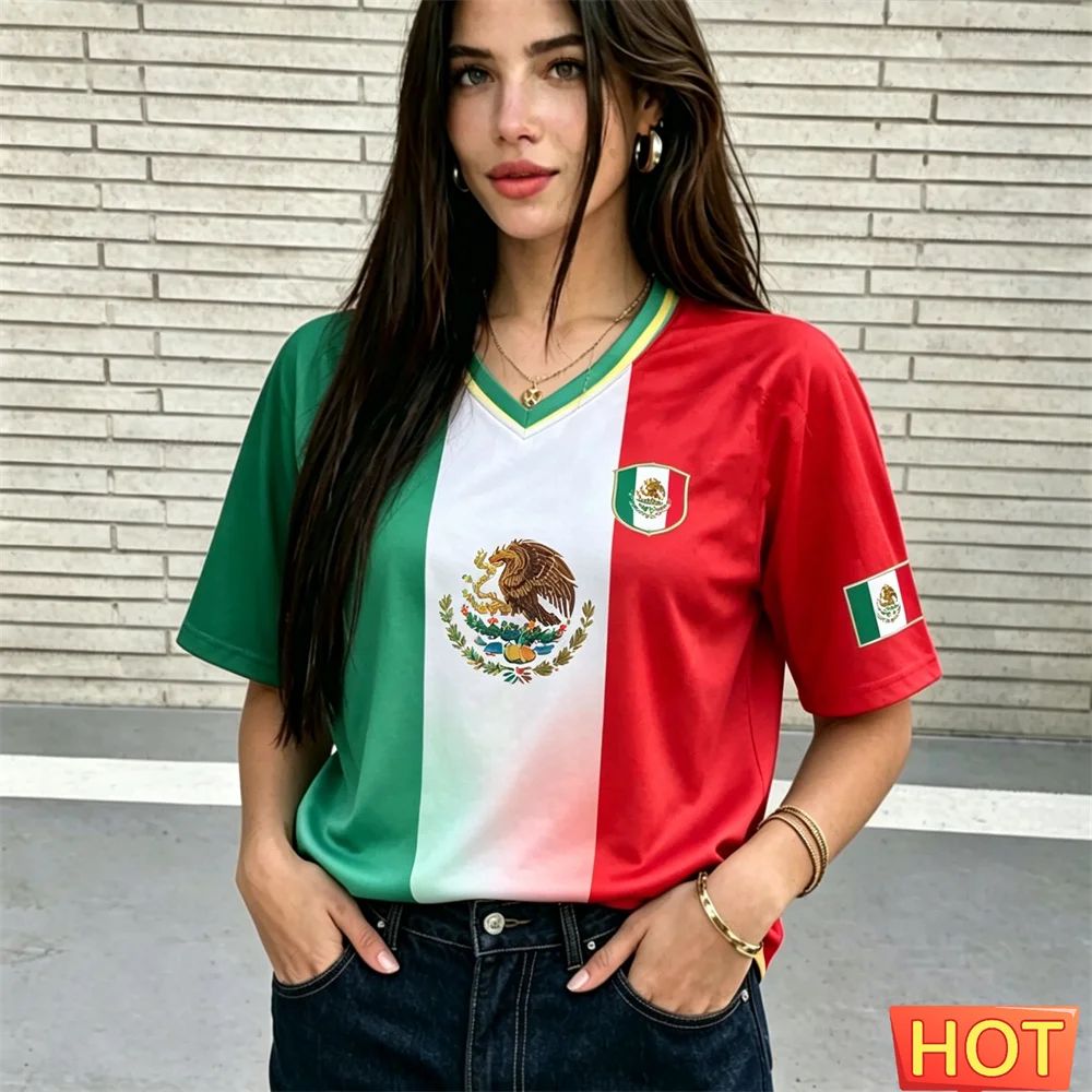 Maillot de football Mexique col en V respirant pour femme, collection été 2026 – T-shirt sport respirant pour femme et T-shirt décontracté respirant pour homme
