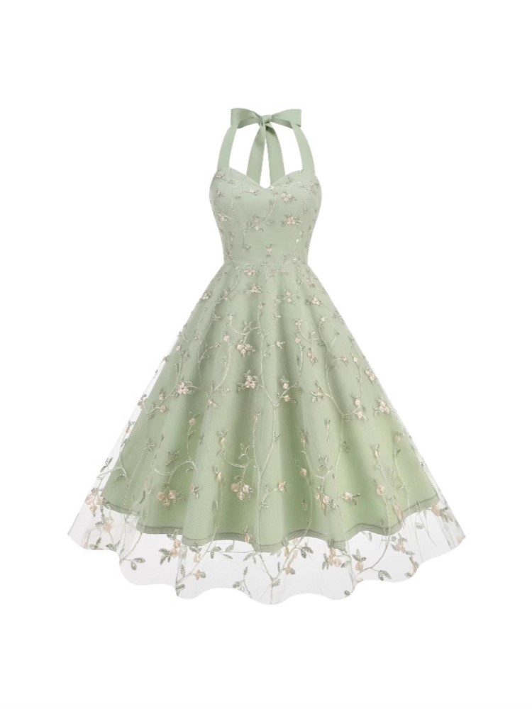 Robe mi-longue en maille brodée à imprimé Floral, mode d'été élégante, col licou, robes de soirée d'anniversaire à lacets