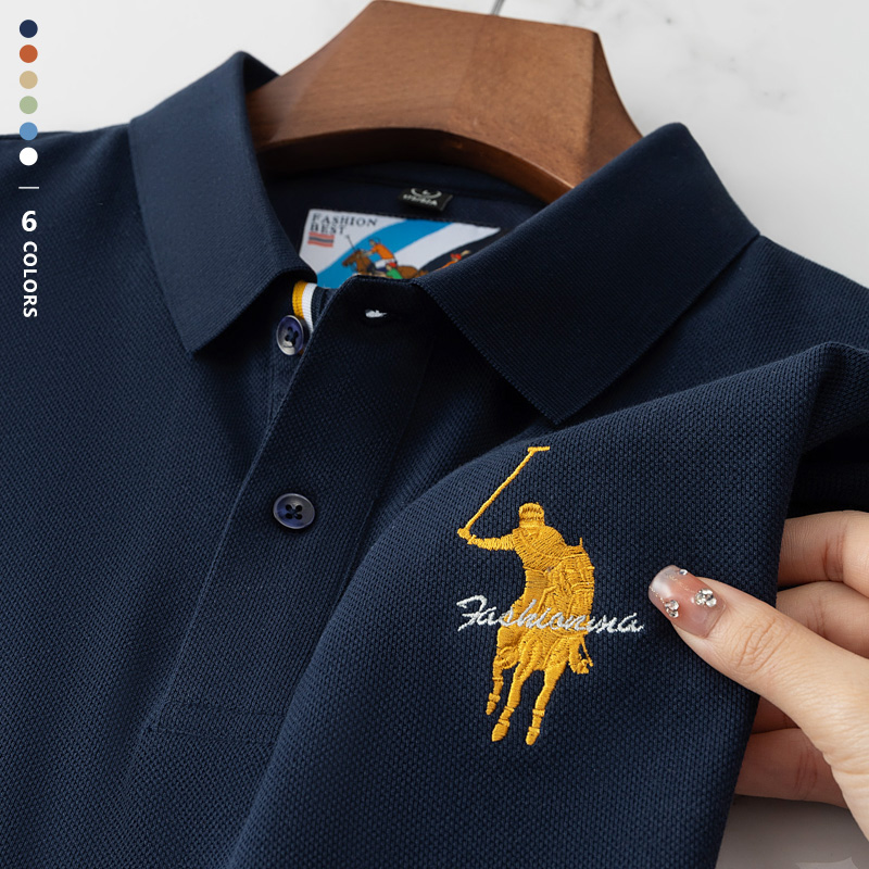 Polo brodé de luxe pour hommes, été, fin, respirant, 100% coton, noir, bleu marine, revers, manches courtes, hauts, vêtements de marque