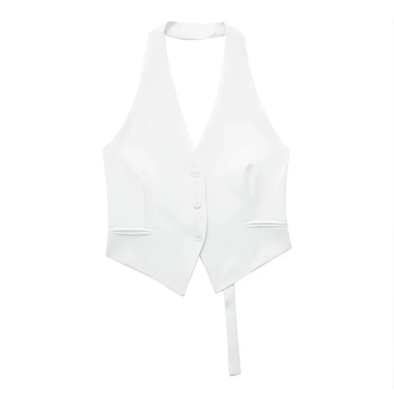 Gilet court sans manches pour femmes, épaules dénudées, dos nu, col en V, gilet court d'été, tenues quotidiennes, 2025
