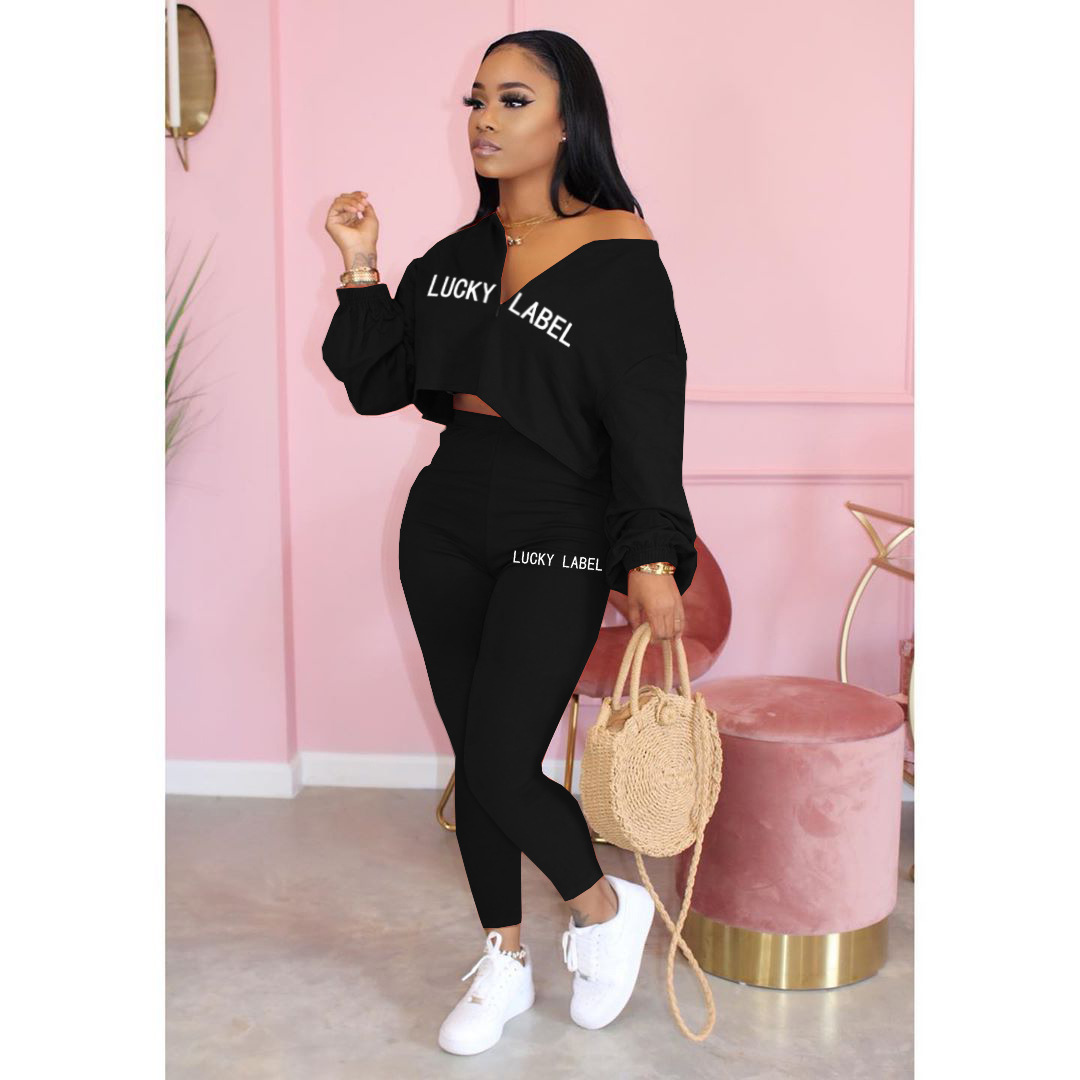 Vêtements de détente décontractés à taille élastique pour femmes, vêtements d'automne, impression de lettres, mode féminine, manches longues, ensemble de 2 pièces, nouveauté, 2021