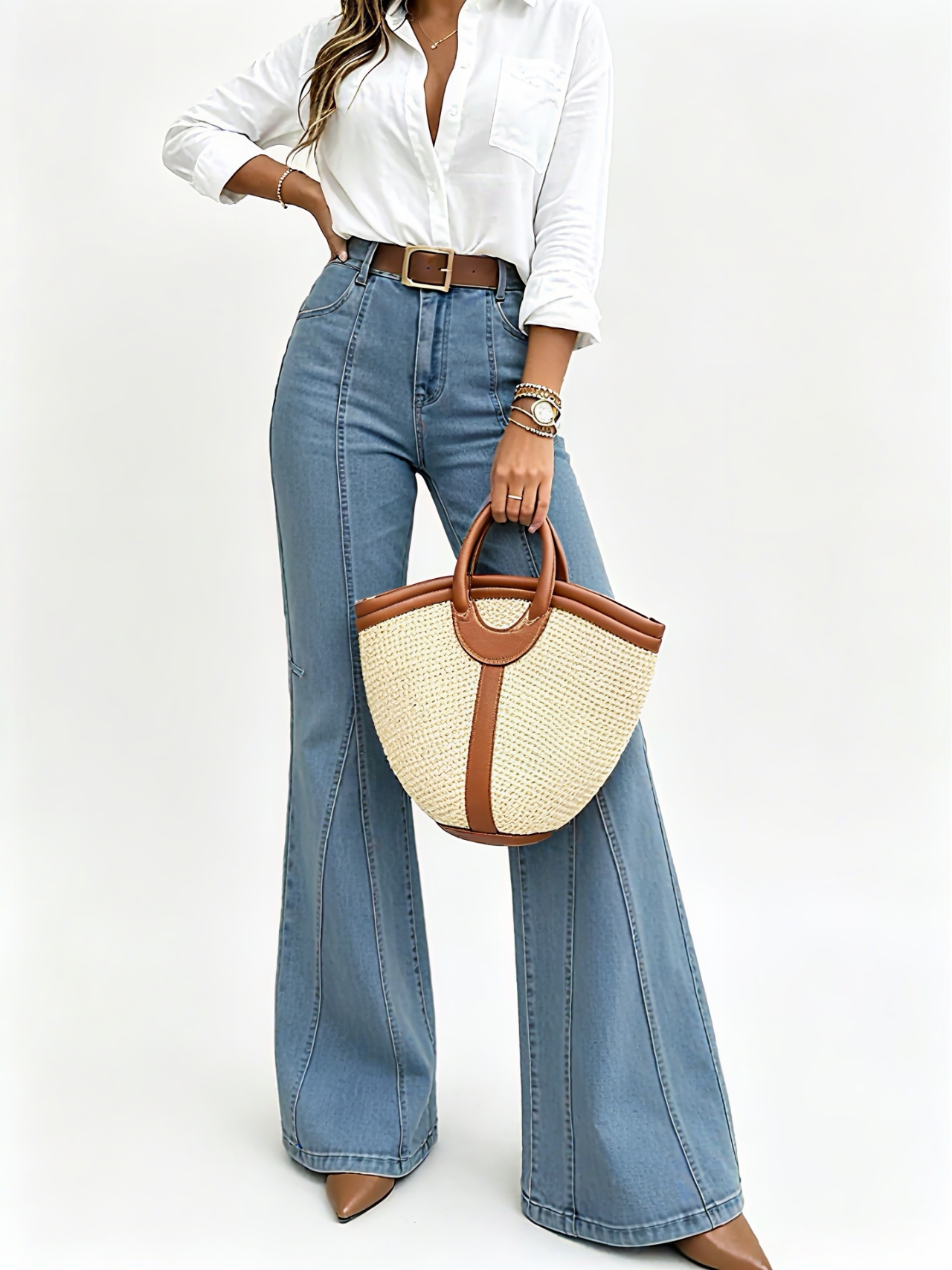 Jean évasé pour femme, taille haute, coupe ajustée 3D, avec une grande élasticité qui allonge les jambes ; Ceinture non incluse