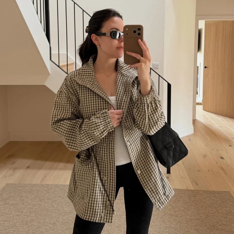 Manteau pour femme 2026, style vintage à carreaux, cintré à la taille, col montant, manches longues, coupe ample, nouveau, décontracté, élégant, pour le streetwear