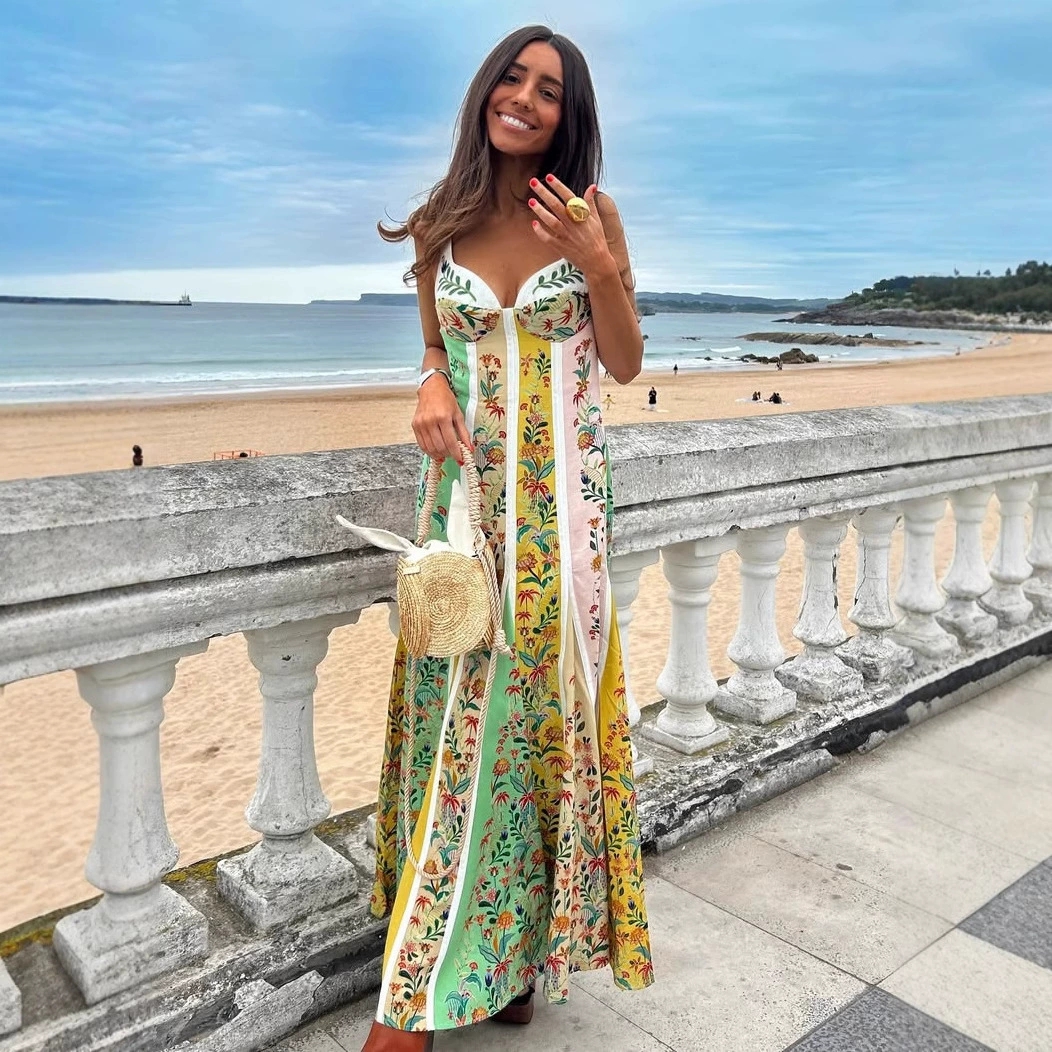 Mode femmes élégantes sans manches robes de soirée décontracté col en V profond robe Maxi été dos nu taille haute robe imprimée robes