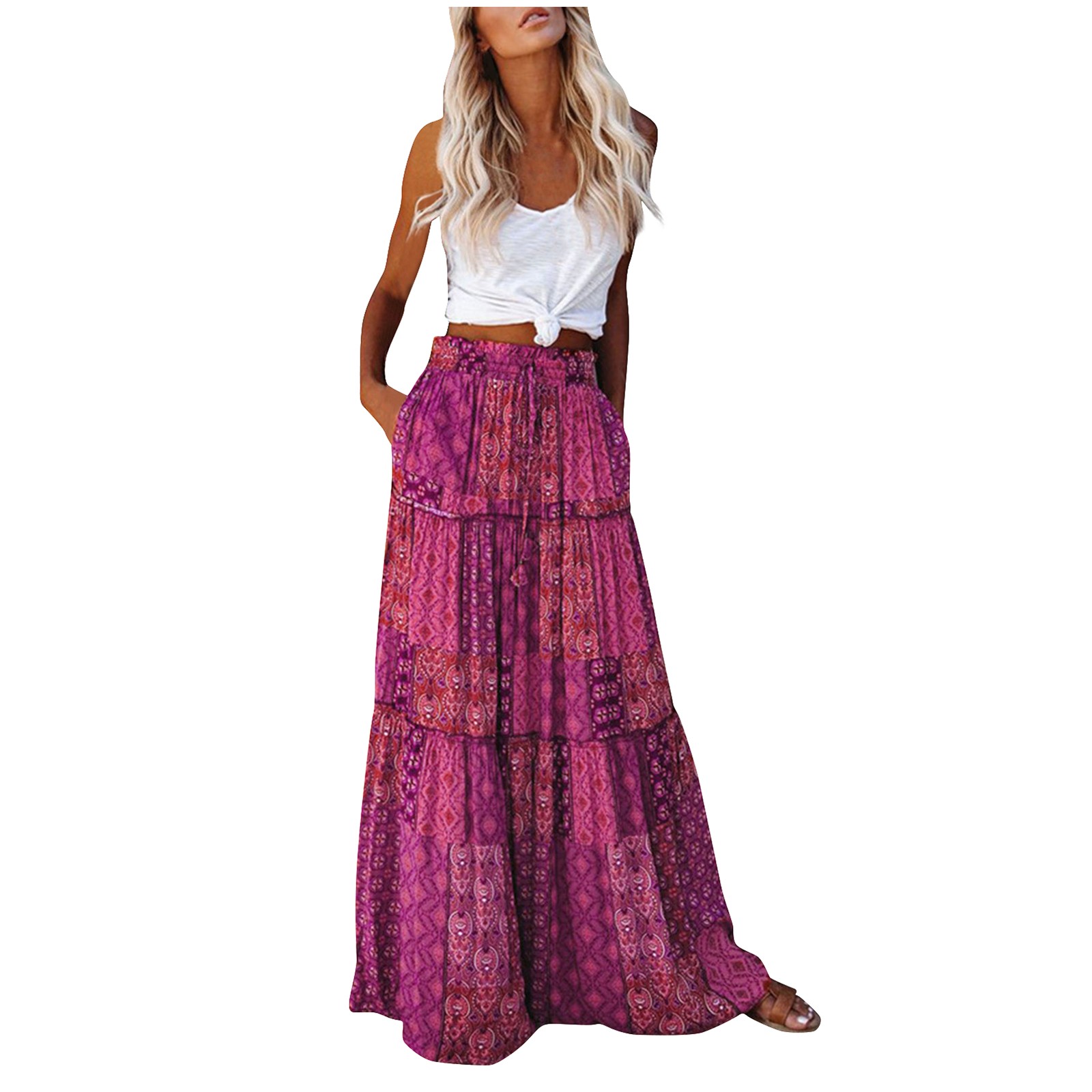 Jupe plissée taille haute à imprimé fleuri bohème pour femmes, jupe longue A-Line, mode décontractée vintage