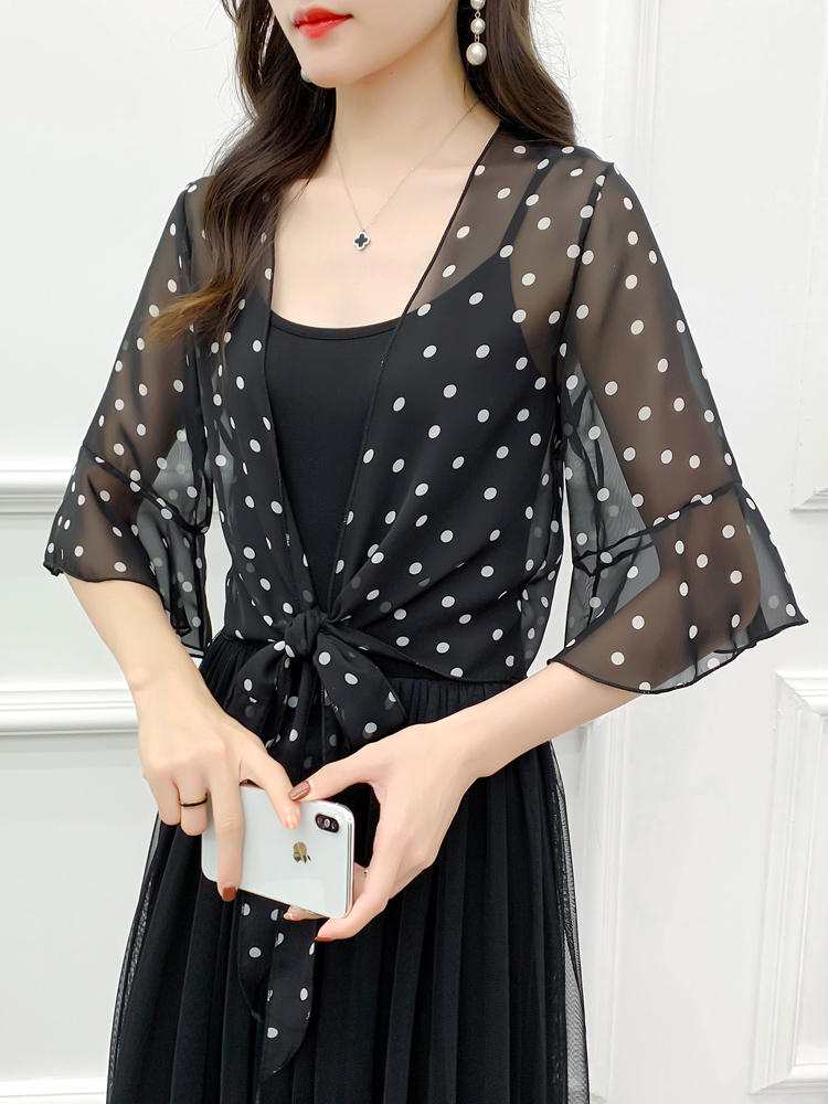 Robe de soirée en mousseline de soie noire et blanche pour femmes, col en v, élégante, Simple, douce, décontractée, à pois