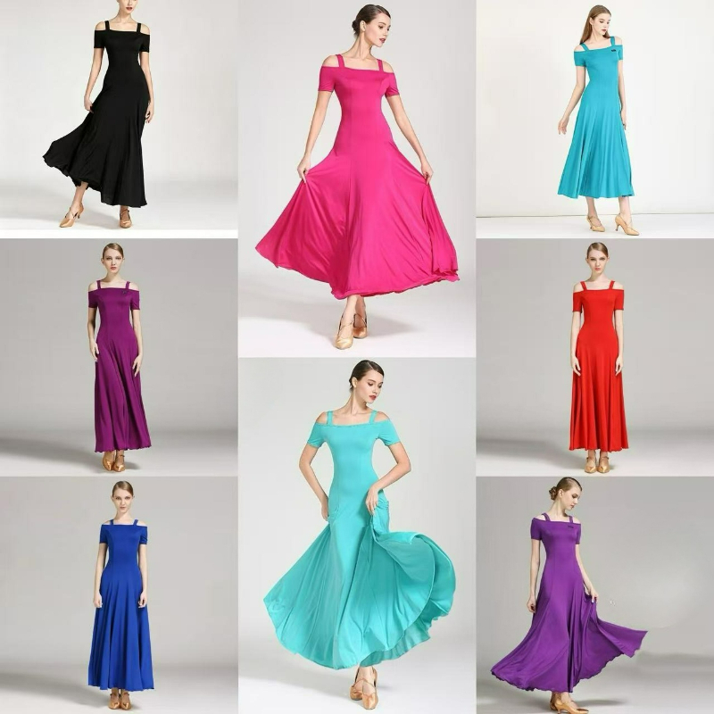 Robe de danse longue pour femme, à bretelles, manches courtes, jupe midi, pour Salsa, Danse Standard, Danse Moderne, Danse Swing, Spectacle, Soirée et Fête
