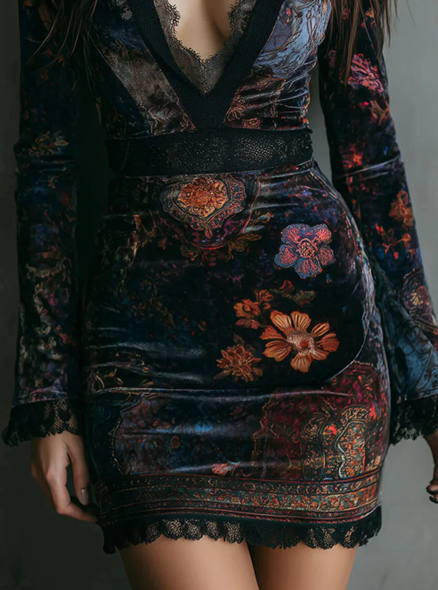 Velours Flroal imprimé dentelle Patchwork mince Mini robe à manches longues Sexy col en v gothique rétro femmes automne Vintage robe 2025