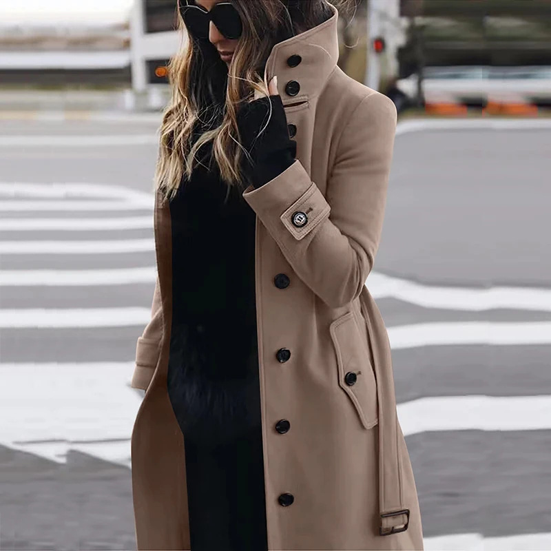 Automne hiver manteaux de laine femmes coupe ajustée grand manteau simple boutonnage col montant Trench pardessus JYFS-2002