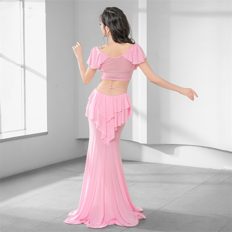 Costume de danse du ventre arabe Sexy, 2 pièces, tenue de scène en gaze pour femmes, manches courtes à volants, jupe longue en queue de poisson avec écharpe de hanche pour adultes