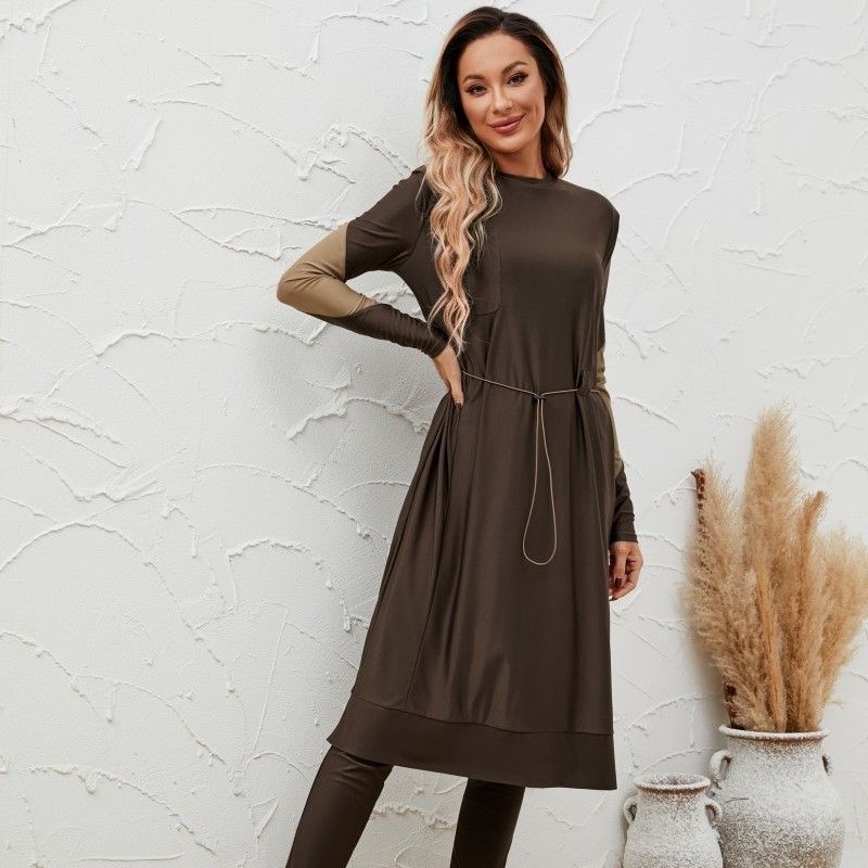 Maillot de bain musulman pour femme, ensemble 3 pièces, robe modeste, pantalon taille haute, hijab, col rond, couvrant entièrement le corps