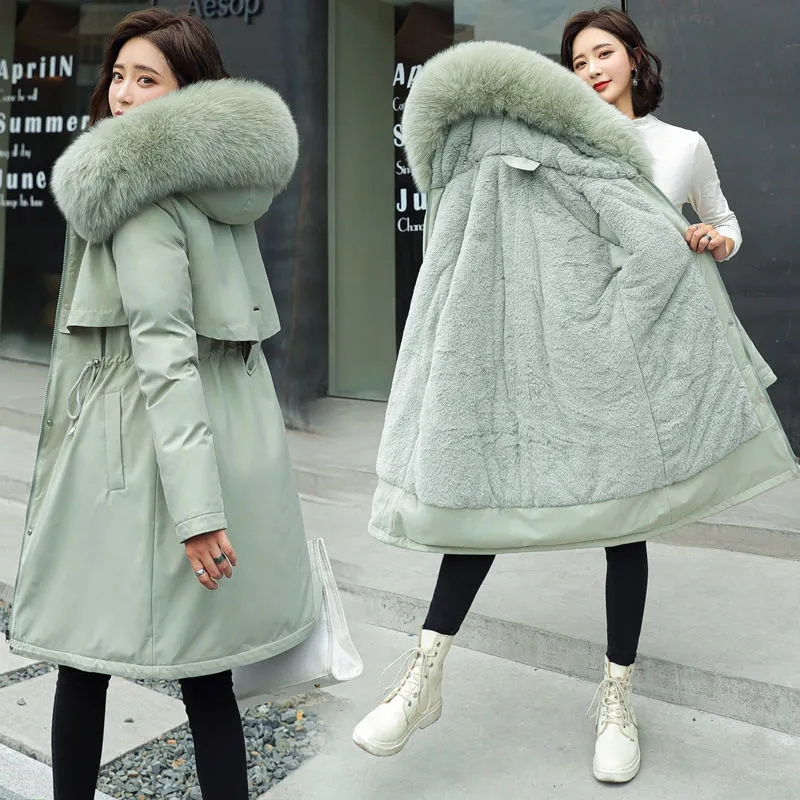 Veste d'hiver 2026, nouvelle parka pour femme, manteau long, doublure en laine, veste à capuche, col en fourrure, épaisse, chaude, vêtements de neige, parka rembourrée 6XL