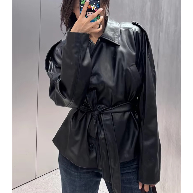 MUJER noir femme Trench manteau Faux cuir recadrée veste femme nouveau en manteaux d'extérieur coupe-vent femme mode vêtements d'extérieur