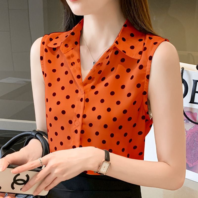 Chemise en mousseline de soie imprimée à pois pour femmes, chemisiers précieux, col polo, bouton, mode coréenne, été, 2024