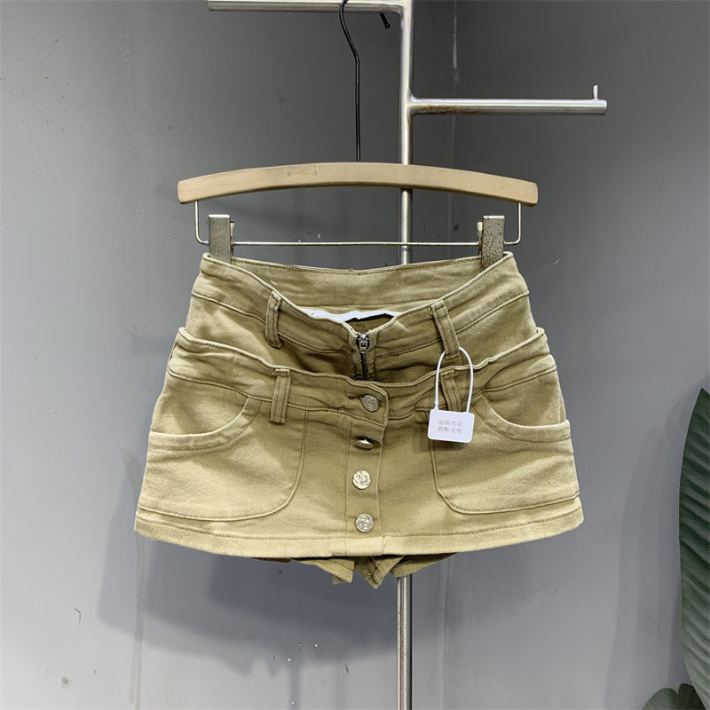 Jupe courte en jean effet deux pièces pour femme, style décontracté américain, délavée, rétro, coupe trapèze, boutonnée, été