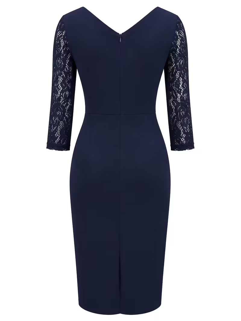 Robe crayon midi élégante pour femme, bleu marine, col en V, dentelle, manches 3/4, taille froncée, amincissante, pour cocktail et soirée