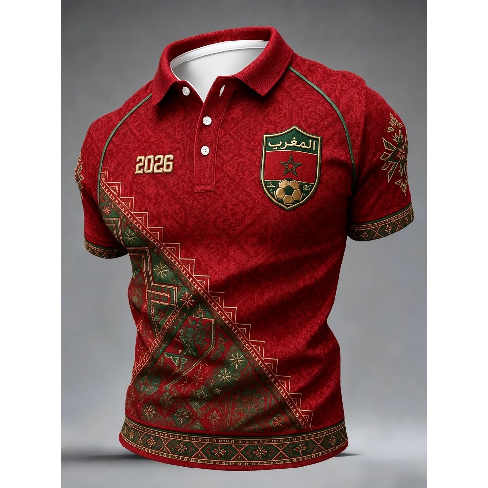 Polo de football marocain modèle 2026, imprimé 3D, confortable et respirant, tendance, adapté aux hommes et aux femmes