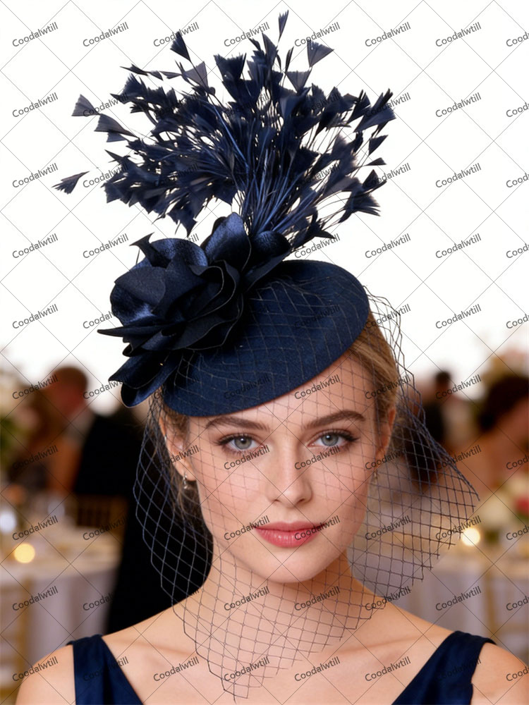 Navy voiles fleur pilulier Fascinator chapeau église mariage mariée église pilulier casquette femmes dames Royal Ascot casque pince à cheveux