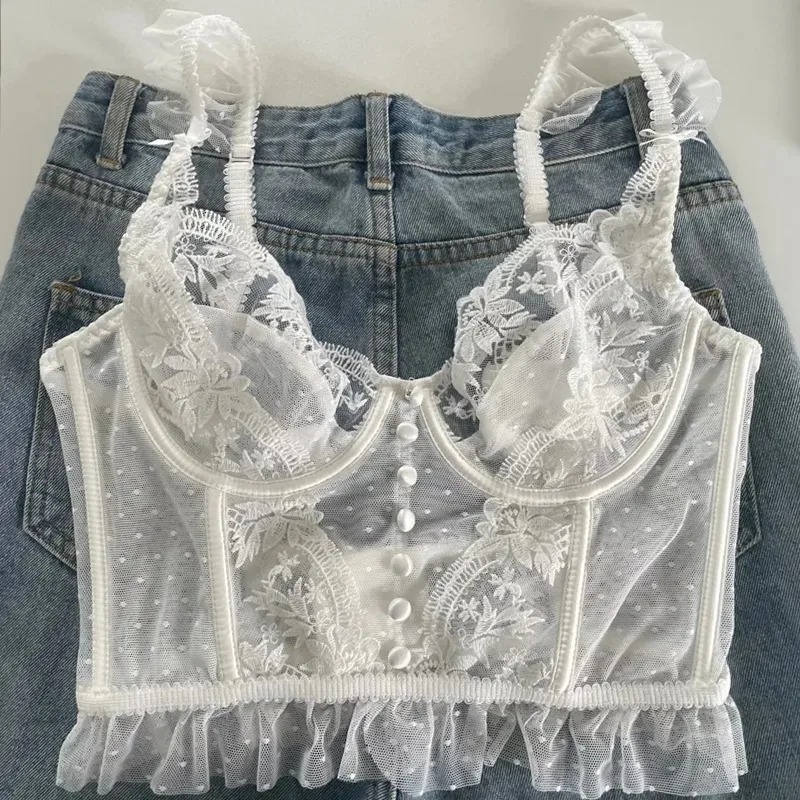 Soutien-gorge bralette dos nu en dentelle avec bonnets froncés, style français, transparent, moulant, avec baleines, style Lolita, pour l'extérieur