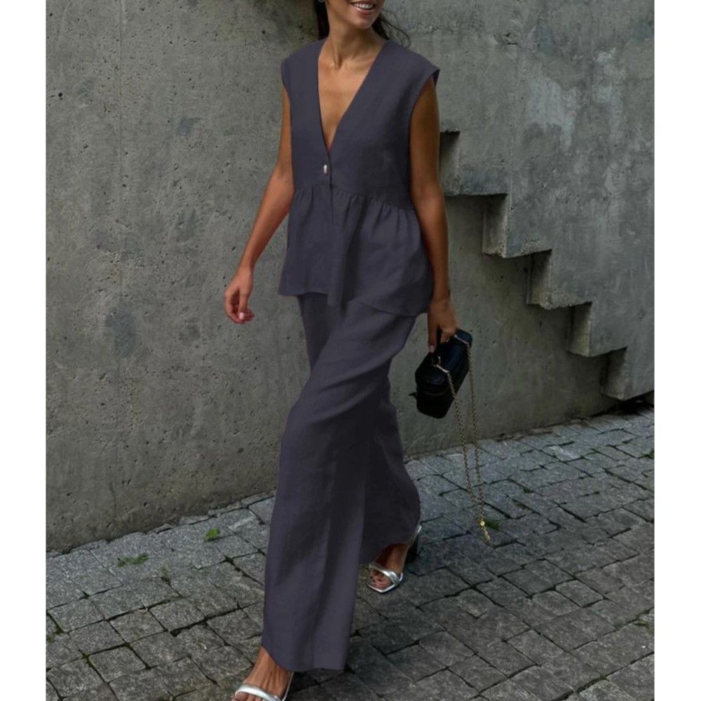 Ensemble gilet et pantalon Long sans manches en coton, haut Sexy à col en v, couleur unie, tempérament, ensemble deux pièces pour femmes