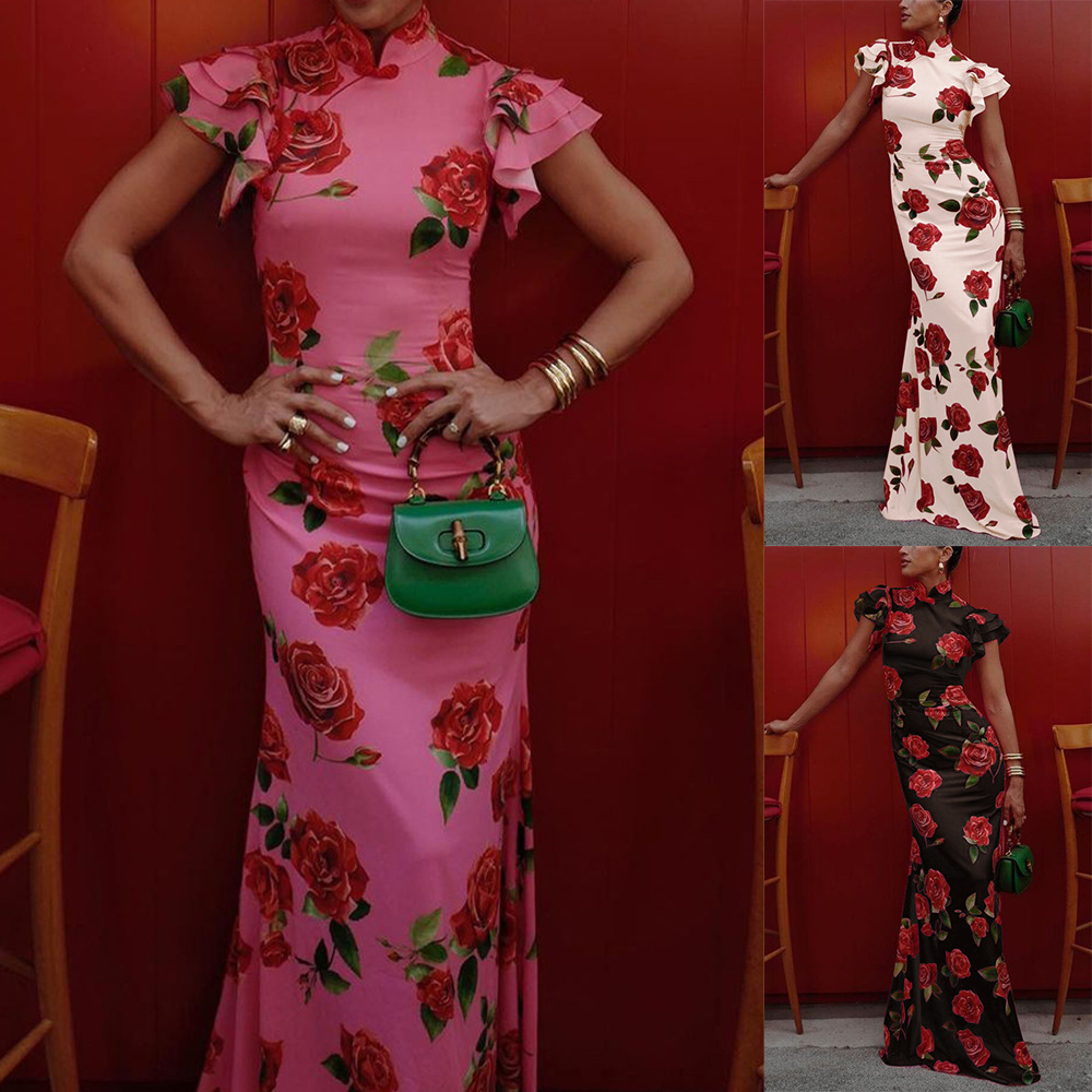 Robe longue à volants pour femmes, imprimé Floral Rose, moulante, Sexy, pour bal de promo, déplacements, tempérament mince, robes de soirée élégantes pour dames