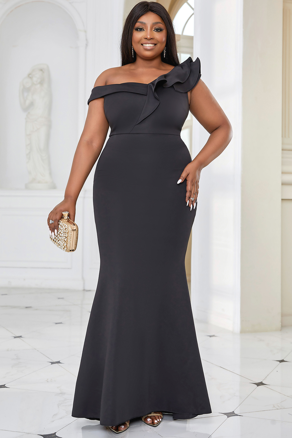 Robe élégante grande taille pour femme, asymétrique à volants, robe de soirée cocktail sans manches, robe longue moulante, robe maxi unie tendance