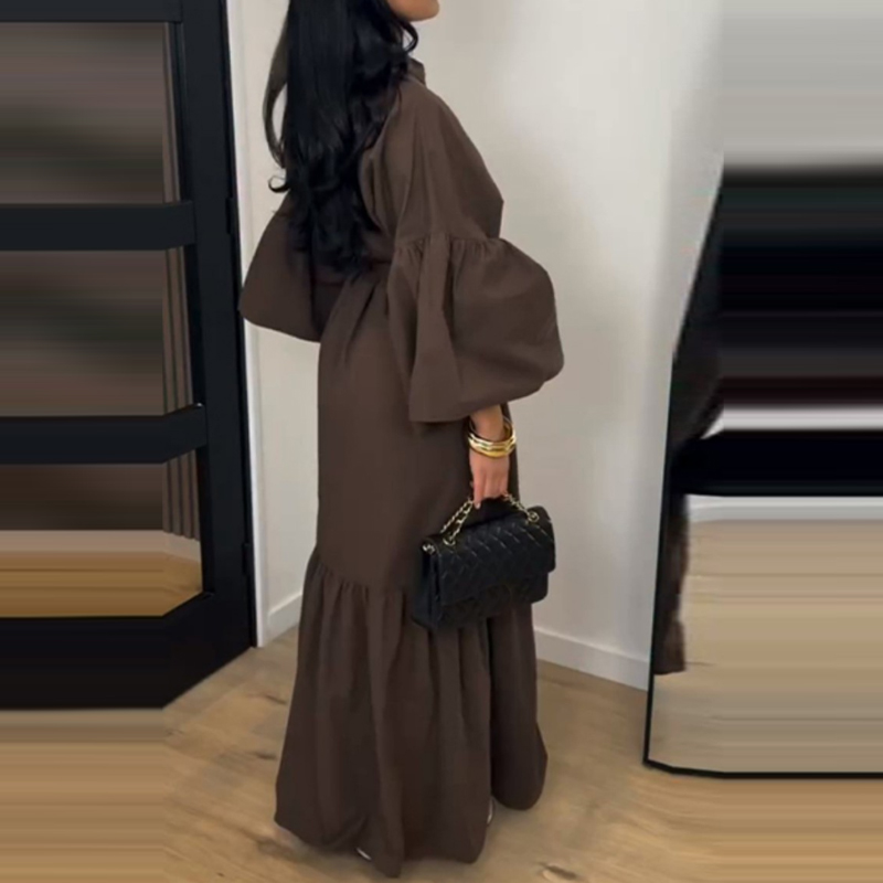 Robe longue plissée décontractée pour femme, style vintage, à manches lanternes, col rond, taille haute, avec boutons et lien, idéale pour le quotidien
