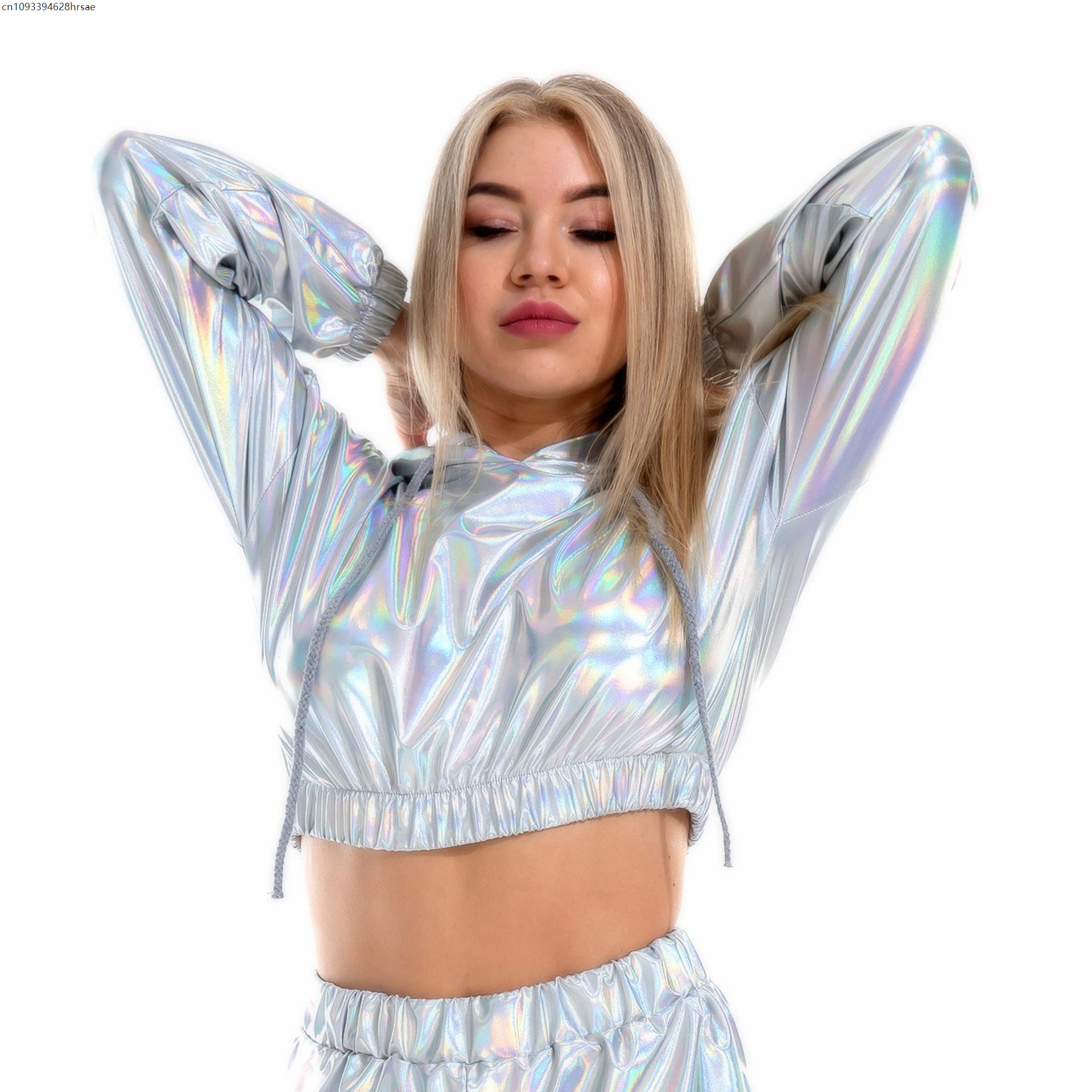 Tenue Rave pour femmes, haut court brillant, sweat à capuche métallique, pantalon Long décontracté, sweat-shirt d'entraînement, vêtements de club de danse Disco