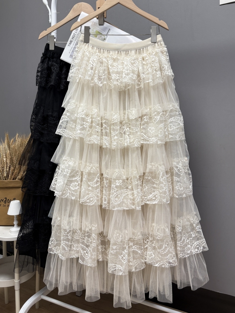 Maxi jupe longue femmes Crochet dentelle jupe 2025 Goth Lolita printemps été taille haute haut bas froncé à volants jupes plissées rok