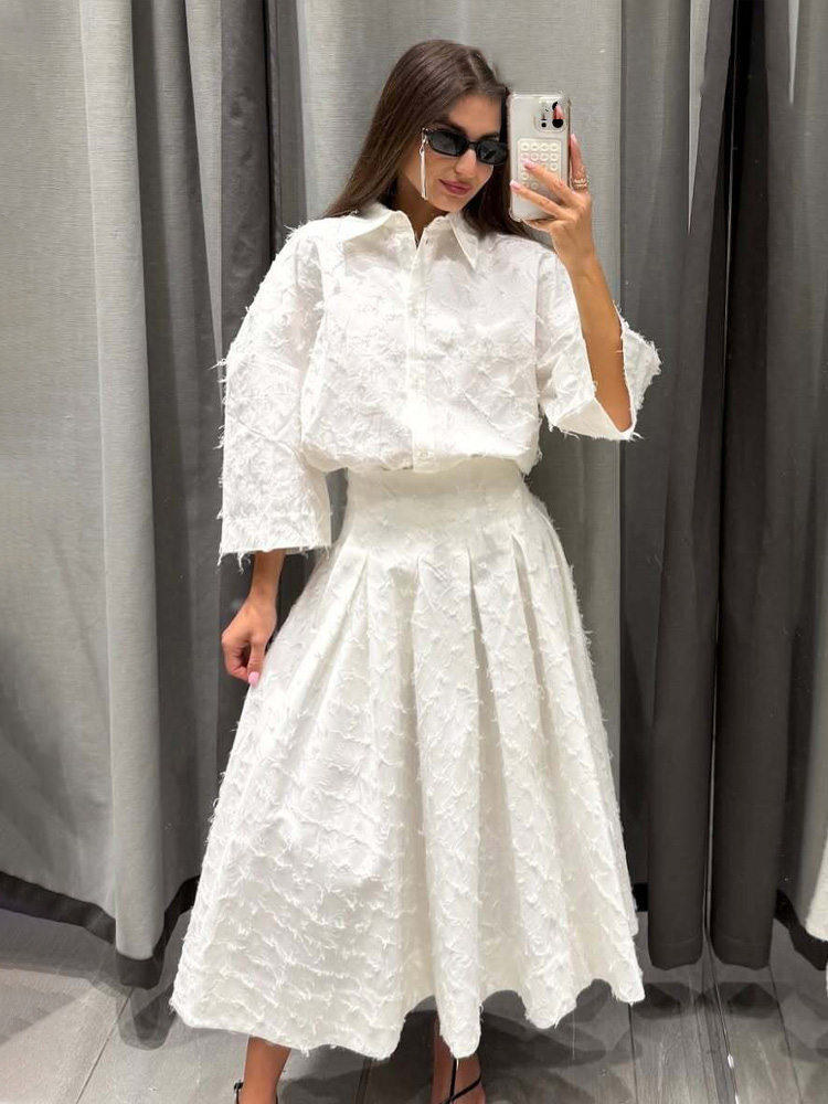 HH femmes chemise jupe costume revers simple boutonnage gland décoration chemise décontractée haut + mode taille haute fermeture éclair jupe plissée
