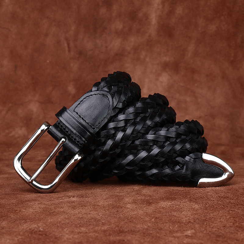 Ceinture en cuir tressé de 3,5 cm de large pour homme, en cuir de vachette de première qualité, faite à la main, avec boucle à ardillon, polyvalente pour pantalons décontractés.