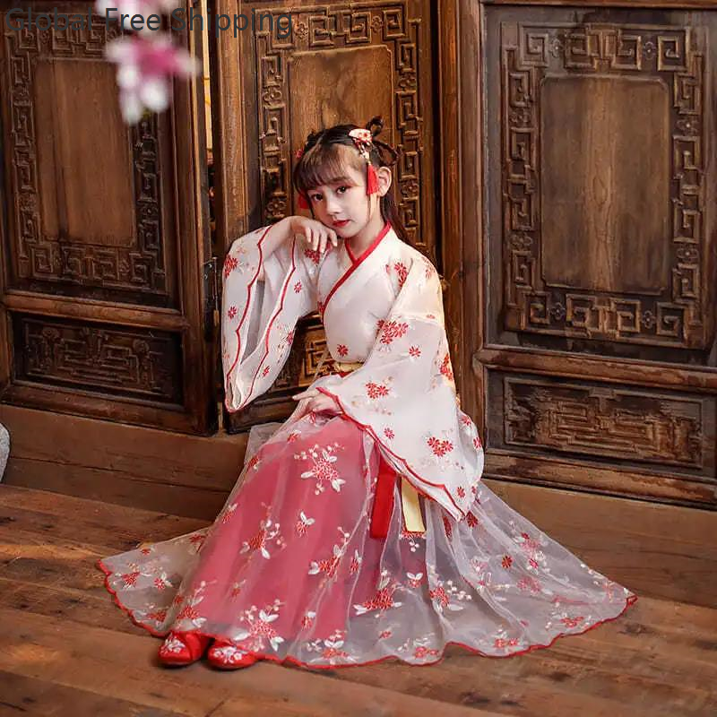 Robe chinoise en soie pour filles et enfants, Kimono traditionnel chinois Vintage ethnique Antique, Costume de danse, ensemble Hanfu Cosplay