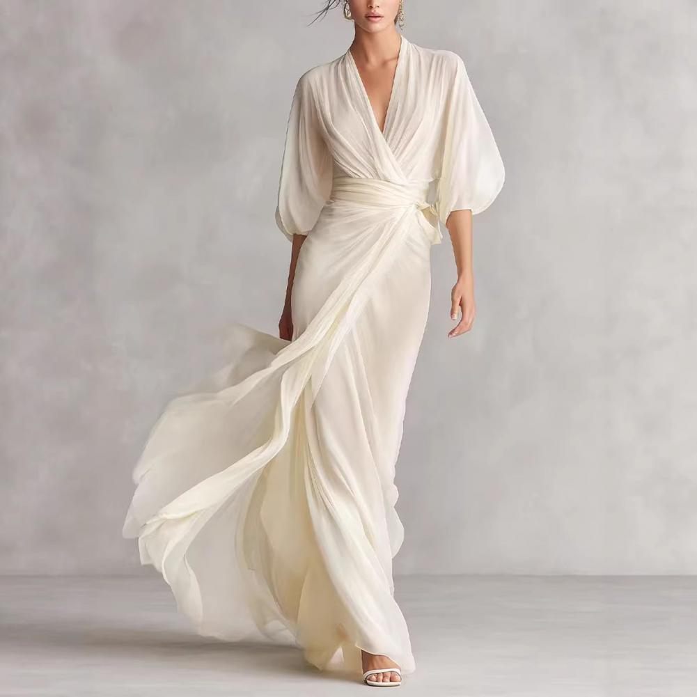 Robe de bureau pour femme, col en V, longue, été automne, taille nouée, coupe trapèze, demi-manches, décontractée, maxi