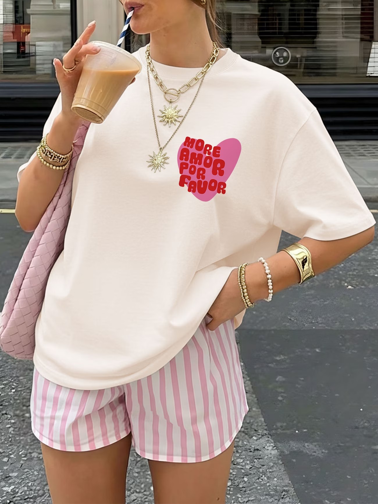 T-shirt ample en coton pour femme, motif 'Amor Por Favor' rétro espagnol, décontracté d'été, style esthétique, vêtements pour femme