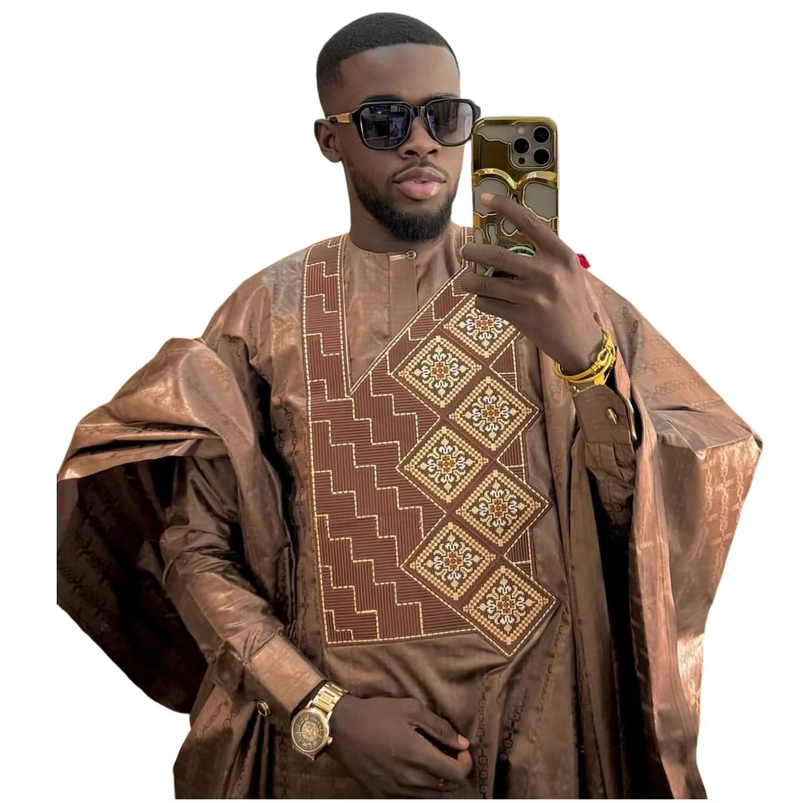 Vêtements africains pour hommes, ensemble traditionnel Bazin Riche brodé, haut à manches longues, 3 pièces