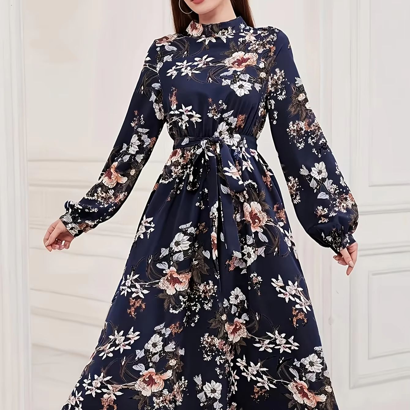 Robe longue ample pour femme, élégante, à imprimé floral, avec ceinture à nouer, col imitation, manches longues, pour le Ramadan