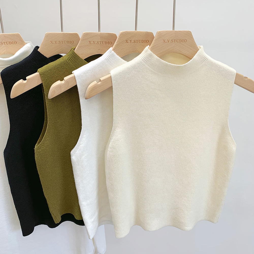 Débardeur tricoté pour femmes, couleur unie, T-Shirt, haut court, Camisole, pull demi-col roulé, sans manches, printemps automne