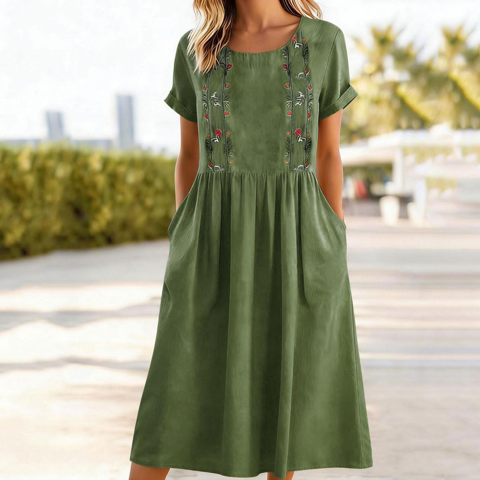 Robe décontractée bohème vintage pour femmes, en coton et lin, broderie, col rond, manches courtes, poche, robe midi, tenue de plage pour les vacances
