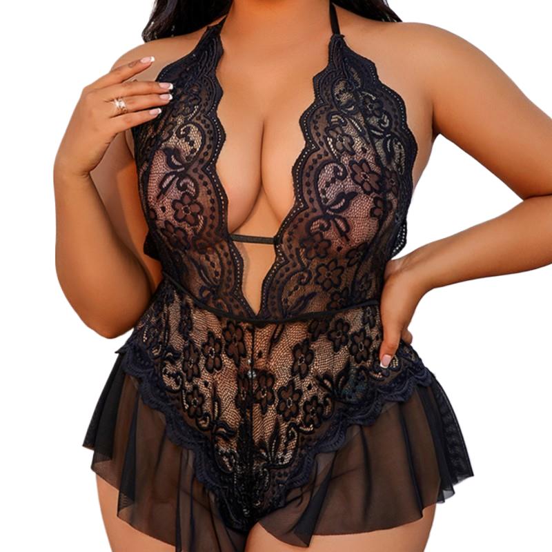 Lingerie sexy en dentelle pour femmes, costume de batterie sans entrejambe, pyjama porno, olympiques dos nu ouverts, même transparent, courbe 7.0, grande taille 4XL