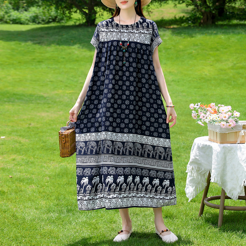 Nouvelle mode décontractée 2025 été robes élégantes pour les femmes col rond imprimé Vintage à manches courtes robe en vrac femmes vêtements
