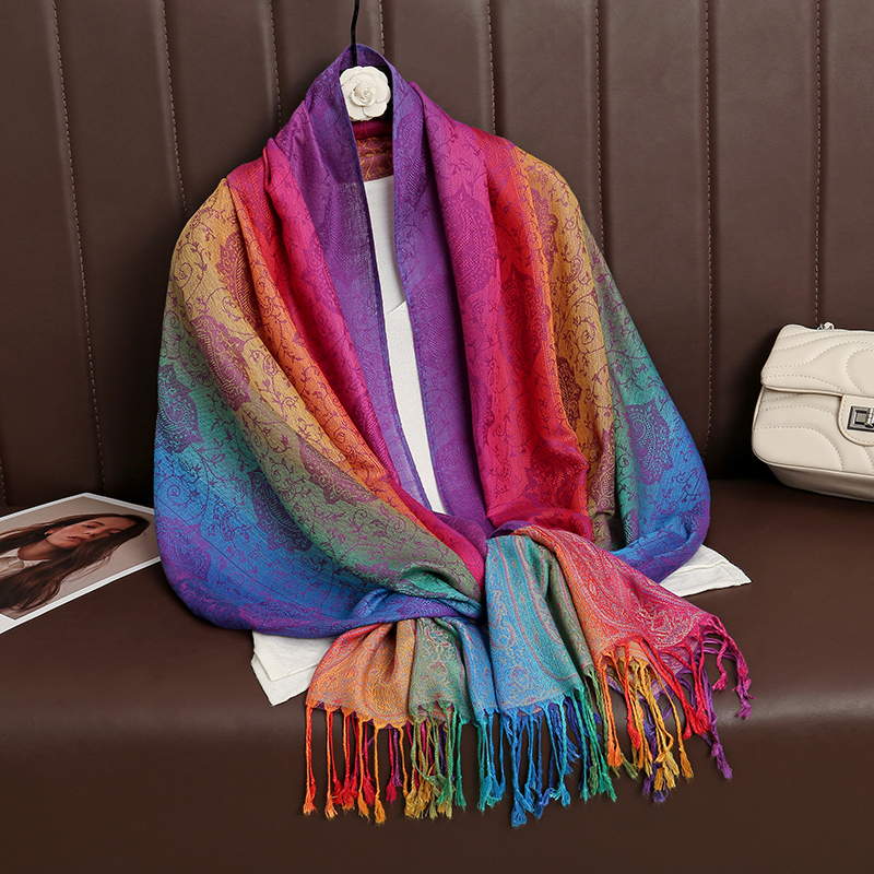 Couleurs arc-en-ciel hiver chaud épais Style ethnique Jacquard écharpe femmes voyage musulman Hijab cachemire gland châle enveloppement Pashmina