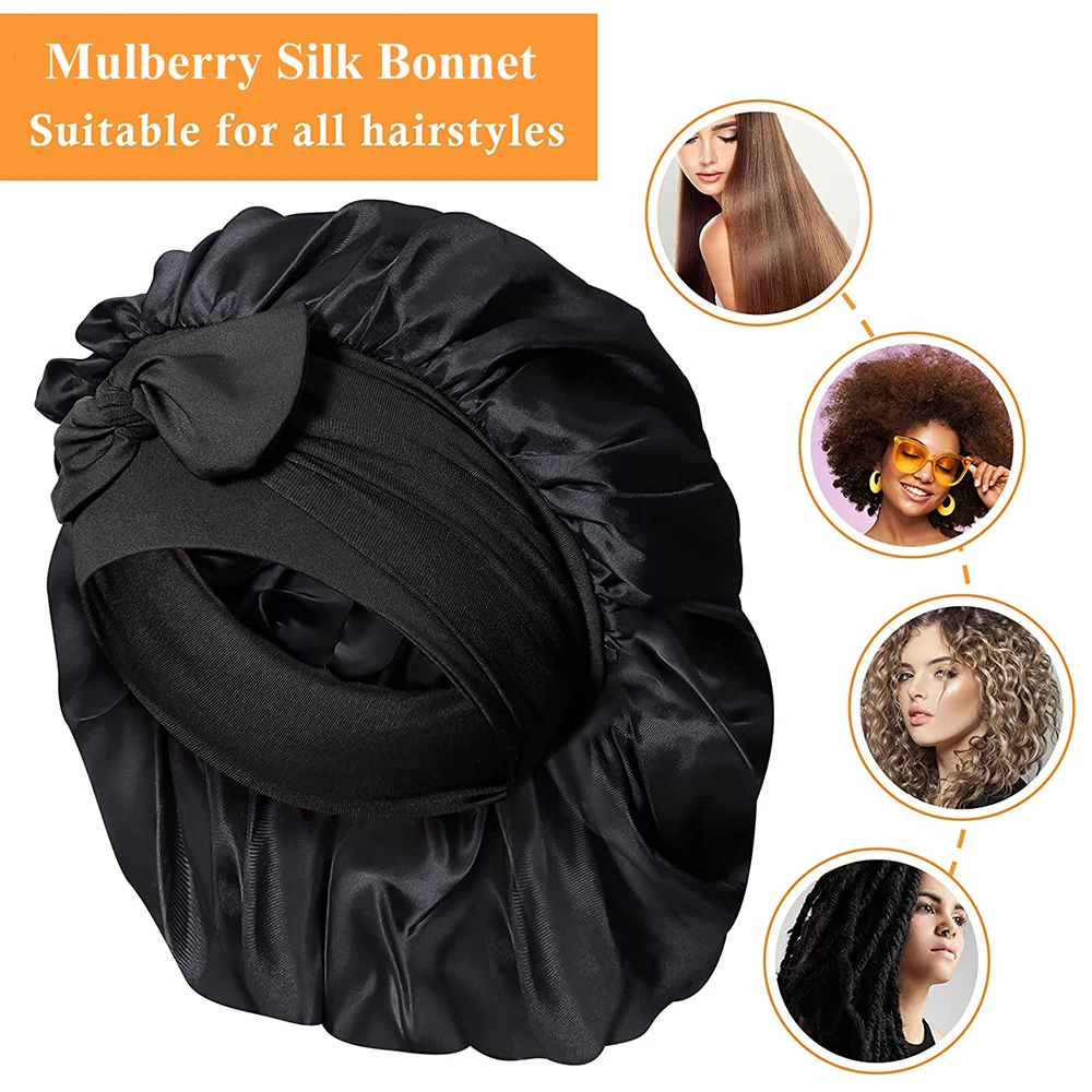 Bonnet de nuit 100 % soie de mûrier pour femmes aux cheveux bouclés, bonnet en satin ajustable avec large bande élastique pour un soin des cheveux sans dommages et un séchage rapide