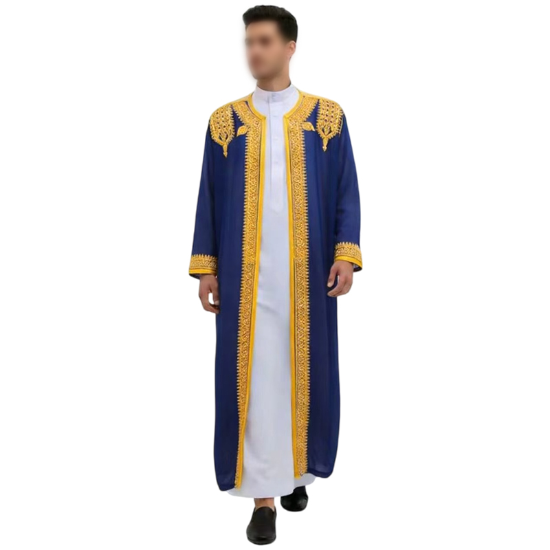 Robes islamiques musulmanes pour hommes, robe arabe, broderie dorée, manches longues, thobe, robes amples, kaftan, chemise, haut, style Dubaï, Arabie Saoudite
