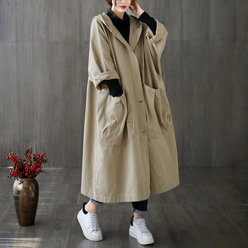 Femme Long manteau mode coréenne coupe-vent grande taille dames Trench 2025 automne à capuche poches amples Cardigan femmes Long manteau