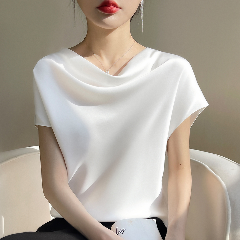 T-Shirts d'été en soie pour femmes, col rond, manches courtes, décontracté, couleur unie, bas, ample, hauts féminins, pull, vêtements 5XL